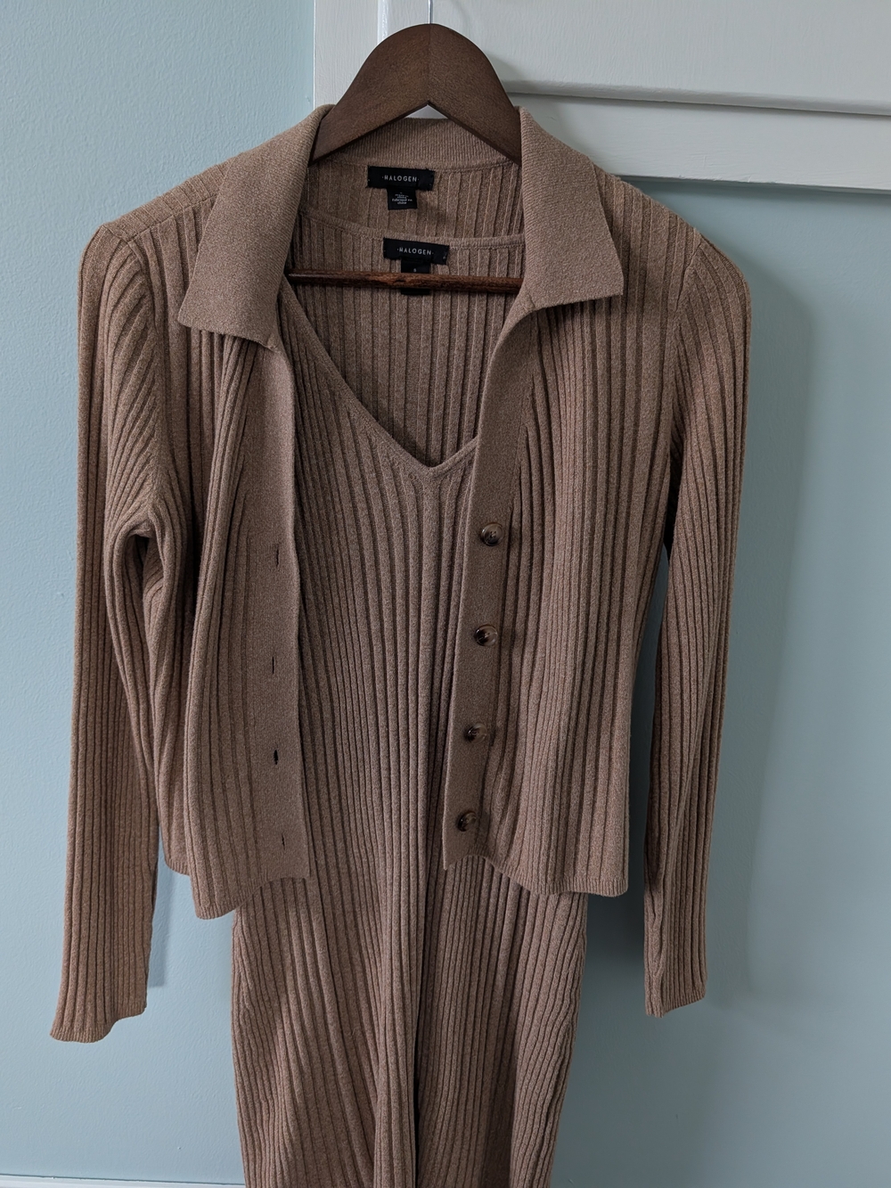 Halogen Ribbed Knit Dress With Cardigan In Camel - Picture 6 of 6